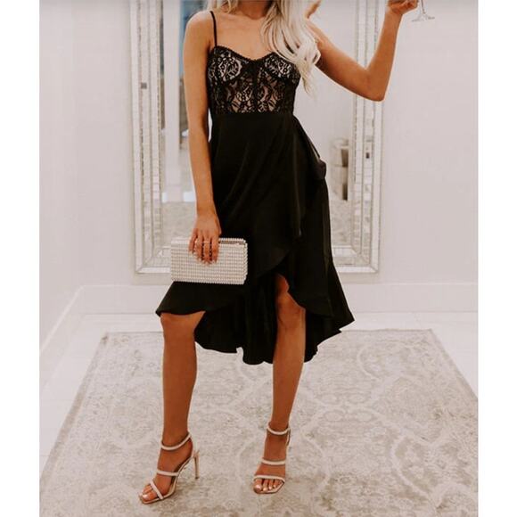 Impressions Dresses & Skirts - NWT Black Satin Lace Midi Dress Sz Large Corset Ruffle Hem Formal Cocktail